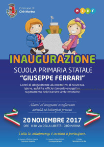 Lunedi 20 novembre, Inaugurazione Scuola Primaria Statale Giuseppe Ferrari di Cirò Marina