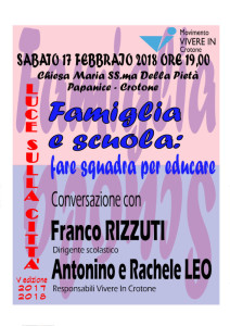 “Luce sulla città” sabato 17 febbaio a Papanice, Famiglia e scuola, fare squadra per educare