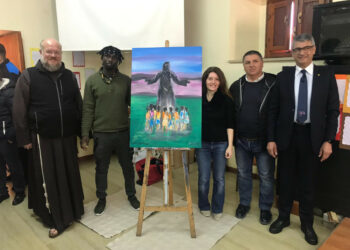 Dipinto a quattro mani della pittrice cutrese Arabia e del migrante Michel alla Scuole Parrocchiali di Isola Capo Rizzuto