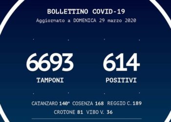 Il Coronavirus in Calabria, Bollettino del 29 marzo: 614 positivi (+59), 25 deceduti (+3)