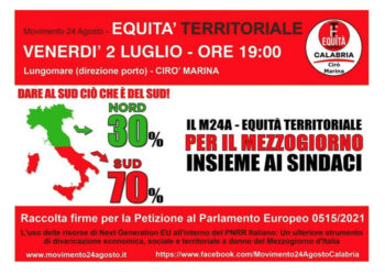 Raccolta firme per la giusta ripartizione del “Recovery Fund” organizzata dal Circolo Equità Territoriale di Cirò Marina