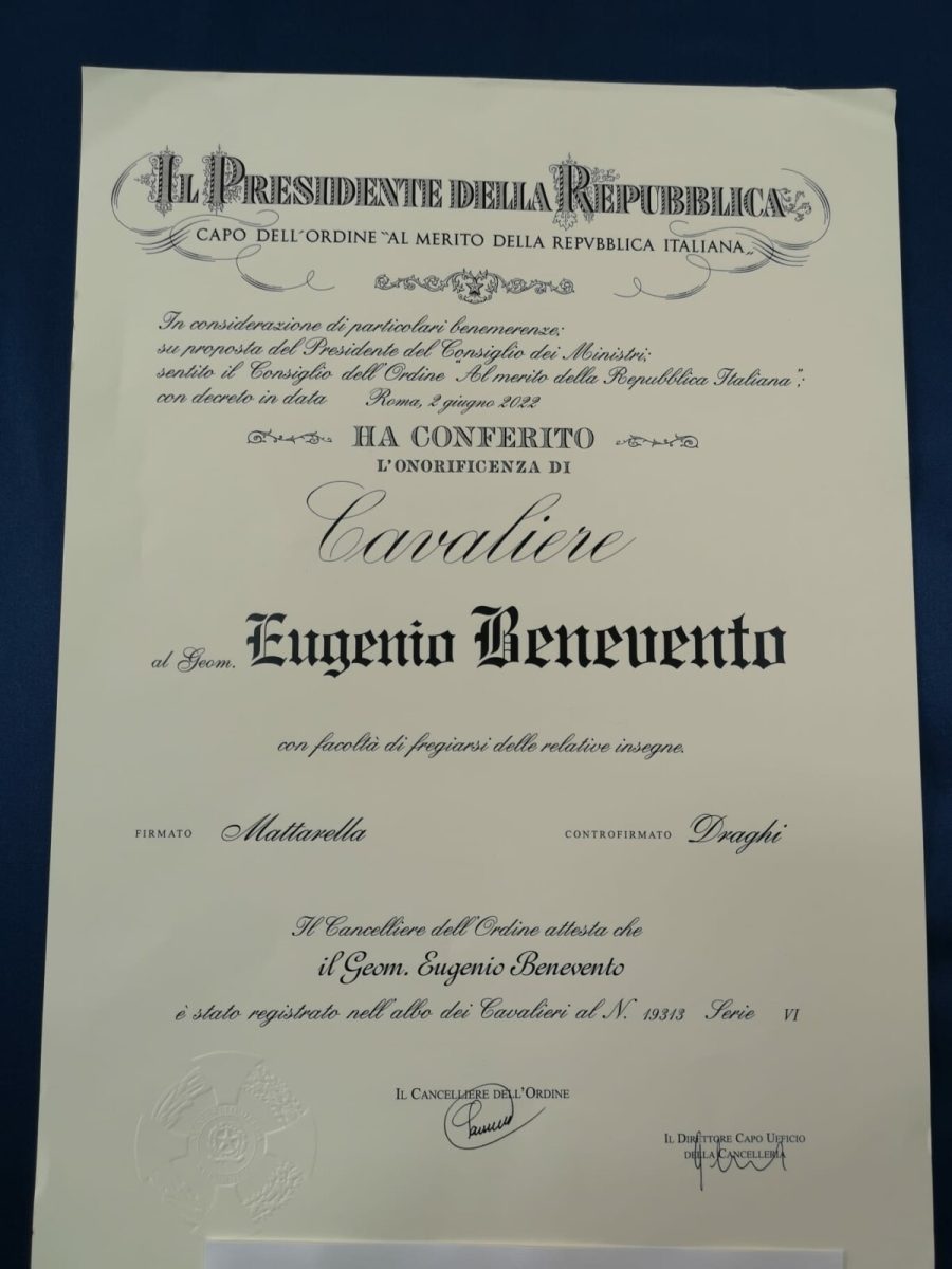 Eugenio Benevento insignito del titolo di Cavaliere della Repubblica