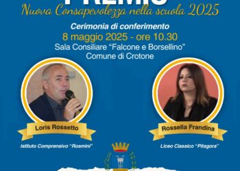 Crotone, il premio “Nuova Consapevolezza nella Scuola 2025” al prof. Loris Rossetto e alla prof.ssa Rossella Frandina